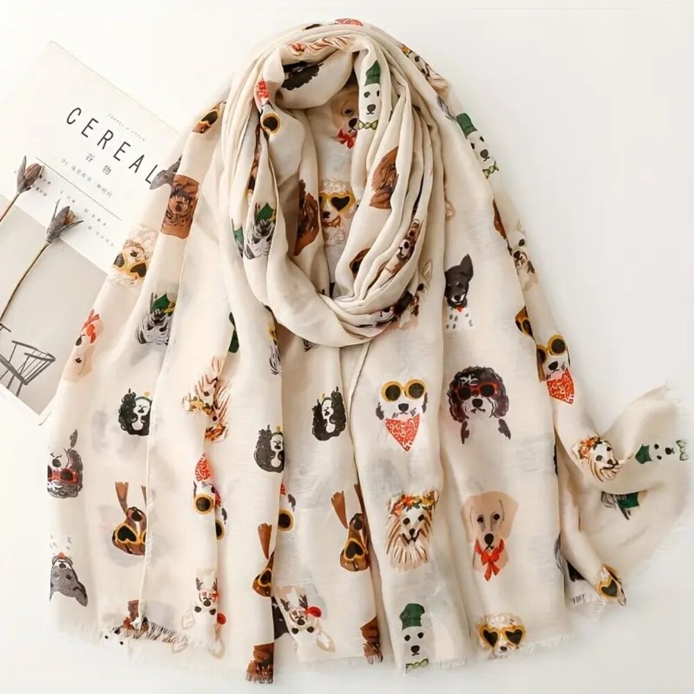 {NEW} Women's Beige Lightweight Dog Print Scarf O/S
